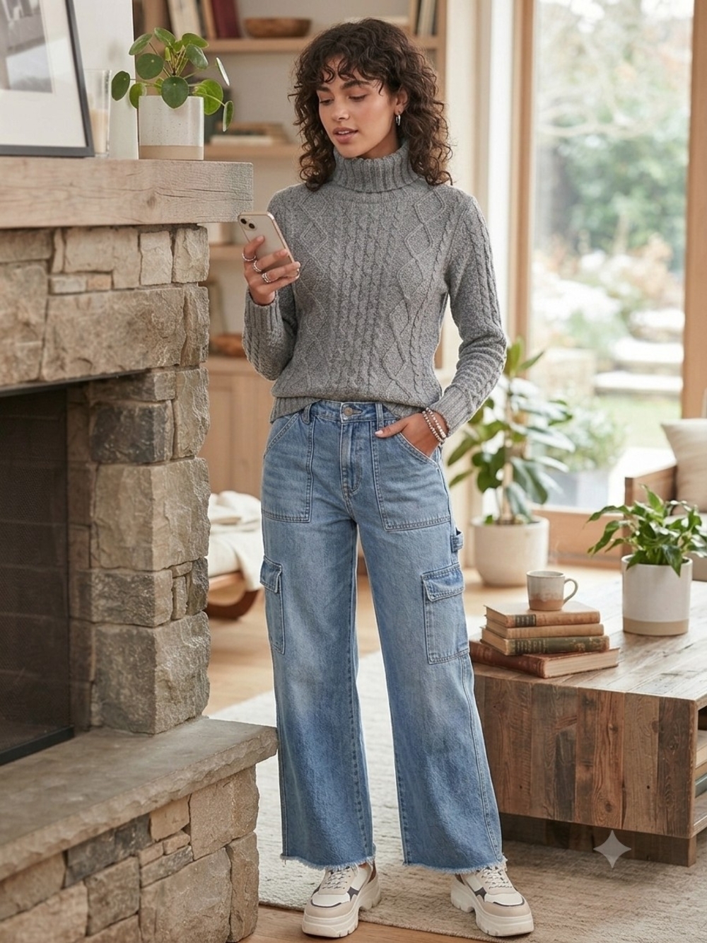 L.L. Bean Gray Wool Blend Cable Knit Turtleneck Sweater -Med